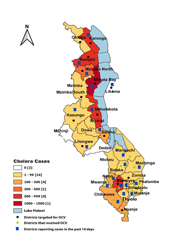 Map showing distribution of cholera outbreak cases in Malawi